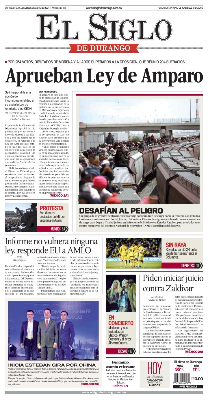 Edición impresa de El Siglo de Durango, domingo  5 de mayo de 2024