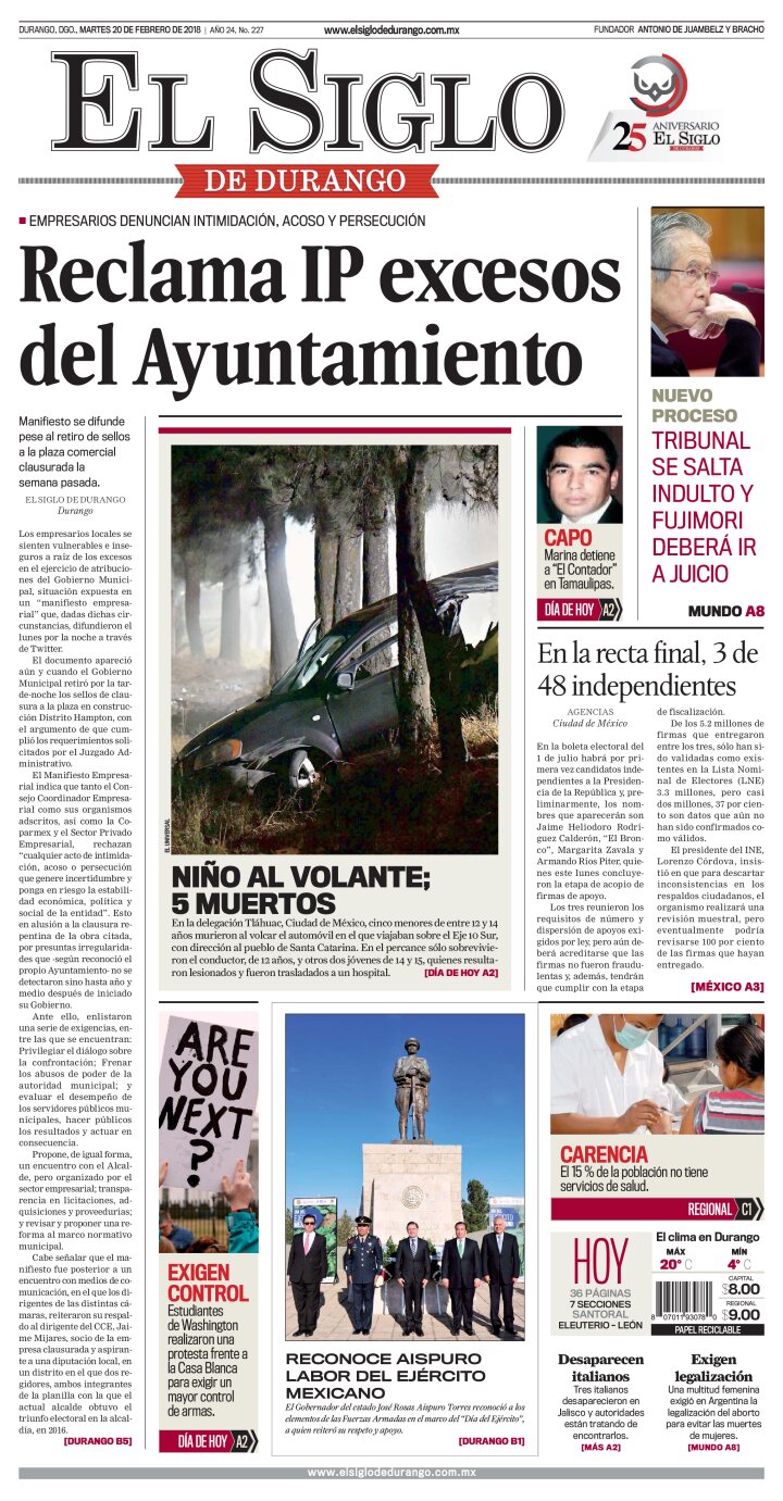 Edición impresa de El Siglo de Durango, domingo  5 de mayo de 2024