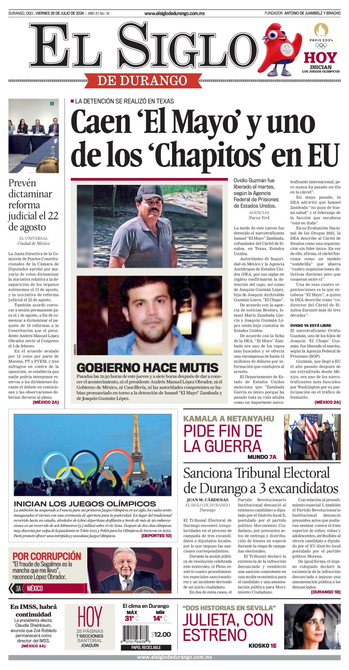 Edición impresa de El Siglo de Durango, viernes 26 de julio de 2024